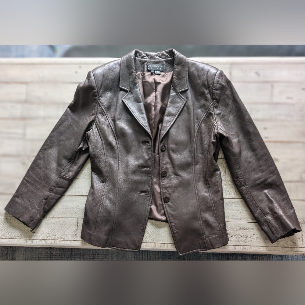 Vintage Liz Claiborne Collection Brown Leather Blazer Jacket - Size 12 (M Fit)